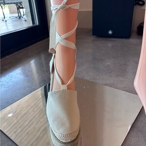 BAMBOO Cream Espadrille Flats with Wrap-Around Straps